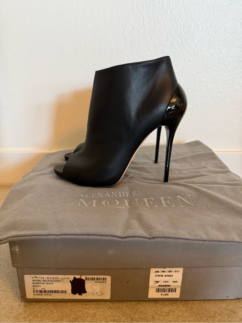 Alexander McQueen Black Leather Peep-Toe Stiletto Booties. 36. Like New. - Picture 3 of 7
